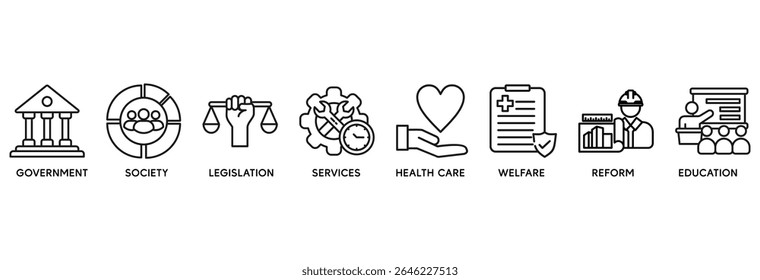 El concepto de Ilustración vectorial de conjunto de iconos de política social se relaciona con el gobierno, la sociedad, la legislación, los servicios, la atención médica, la asistencia social, la reforma, la educación