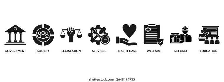 Social policy icon set vector illustration concept relate to government, society, legislation, services, health care, welfare, reform, education