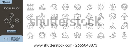 Social policy icons set. Includes welfare, equality, public health, education, housing, and community support concepts. Editable stroke. Line icons. Perfect for government and nonprofit.