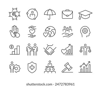 Iconos de Política Social - Línea de Vector. Trazo editable. 