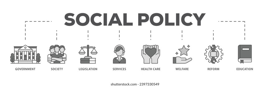 Social policy infographic icon flow process which consists of education, reform, services, welfare, health care ,legislation, society, government icon live stroke and easy to edit