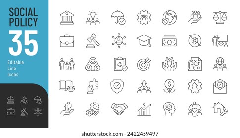 Set für bearbeitbare Symbole der sozialpolitischen Linie. Vektorgrafik im modernen, dünnen Linienstil von mit dem Fließprozess zusammenhängenden Symbolen: Bildung, Reformen, Dienstleistungen, Wohlfahrt, Gesundheitsfürsorge, Gesetzgebung, Gesellschaft und mehr. I