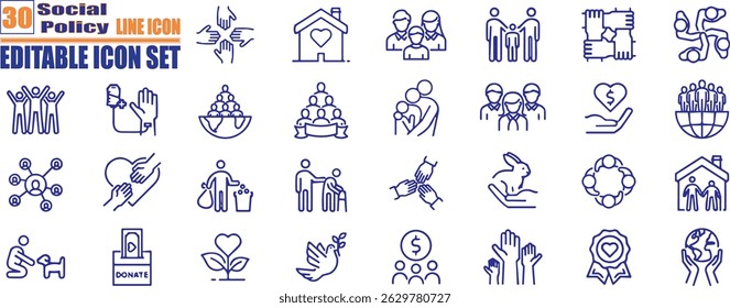 Social Policy Line Editable Icons set. Healthy, society, protection, service etc. Editable stroke
