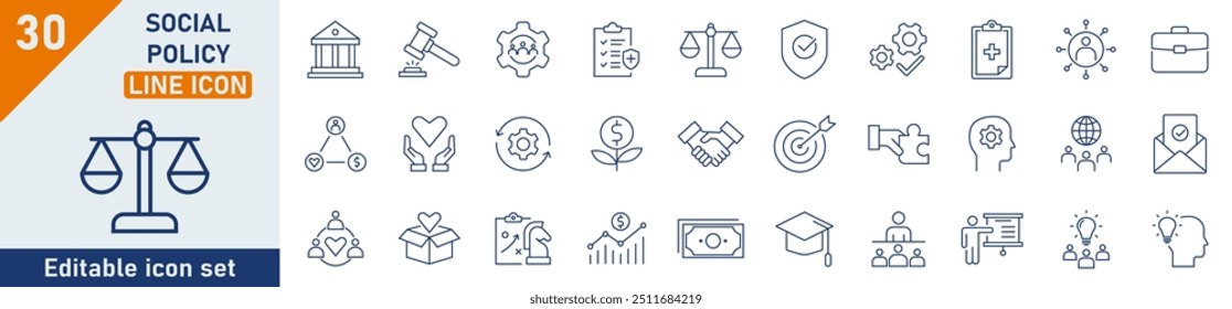 Conjunto de ícones de linha de Política Social. Conjunto de 30 ícones relacionados à educação, reforma, serviços, bem-estar, saúde, legislação, sociedade. Coleção de ícones de estrutura de tópicos de Política Social. Ilustração vetorial.