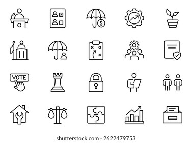 Social Policy line icon set. icons related to education, reform, services, welfare, health care, legislation, society. Social Policy outline icons collection. Vector illustration.