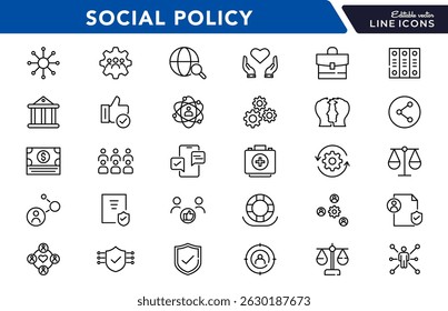 Social policy line icon set. social network, Insurance, public service education, reform, services, welfare, health care, legislation, society, community, Inclusion outline vector thin icon pack