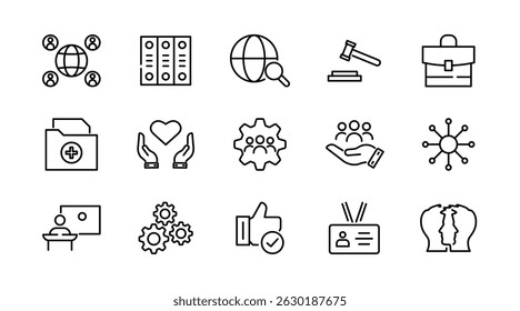 Social policy line icon set. social network, Insurance, public service education, reform, services, welfare, health care, legislation, society, community, Inclusion outline vector thin icon pack