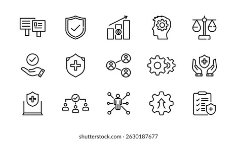 Social policy line icon set. social network, Insurance, public service education, reform, services, welfare, health care, legislation, society, community, Inclusion outline vector thin icon pack