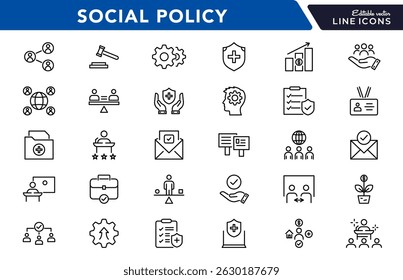 Social policy line icon set. social network, Insurance, public service education, reform, services, welfare, health care, legislation, society, community, Inclusion outline vector thin icon pack