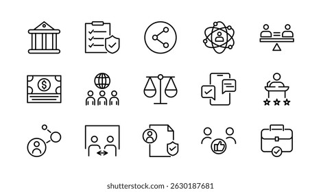 Conjunto de ícones de linha de política social. rede social, Seguro, educação de serviço público, reforma, serviços, bem-estar, assistência médica, legislação, sociedade, comunidade, Inclusão esboço vetor ícone fino pacote