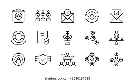 Social policy line icon set. social network, Insurance, public service education, reform, services, welfare, health care, legislation, society, community, Inclusion outline vector thin icon pack