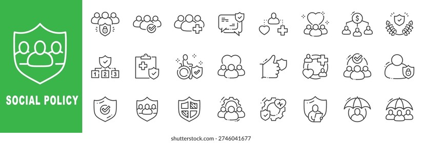 Social policy line icon set featuring community care, healthcare coverage, government support and editable stroke outline symbols.
