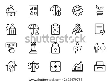 Social Policy line icon set. icons related to education, reform, services, welfare, health care, legislation, society. Social Policy outline icons collection. Vector illustration.