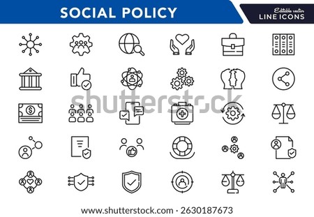 Social policy line icon set. social network, Insurance, public service education, reform, services, welfare, health care, legislation, society, community, Inclusion outline vector thin icon pack