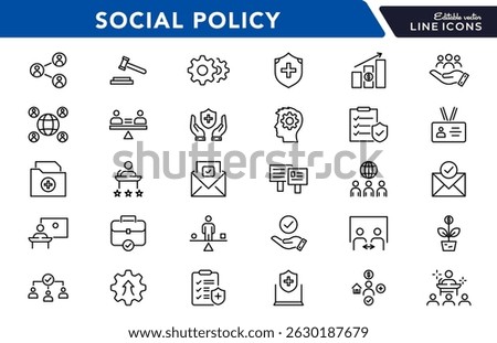 Social policy line icon set. social network, Insurance, public service education, reform, services, welfare, health care, legislation, society, community, Inclusion outline vector thin icon pack