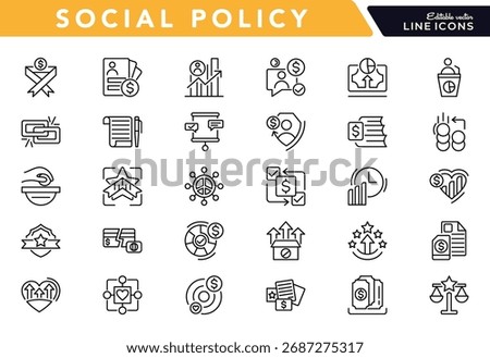 Social Policy line icon set. Containing education, reform, services, welfare, health care, insurance, world, politics,  member, money, list line icon set. Ui thin line icon pack. 