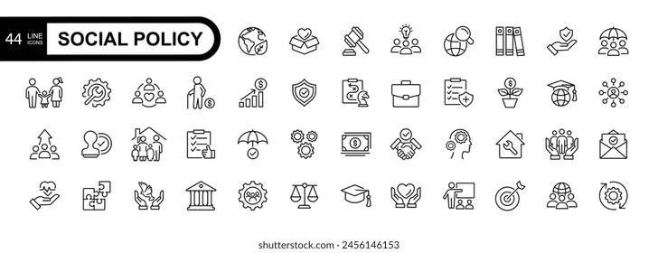 Iconos de línea de política social, seguridad, gobierno, asistencia social, protección, familia, Plantilla de Vector, trazo editable.