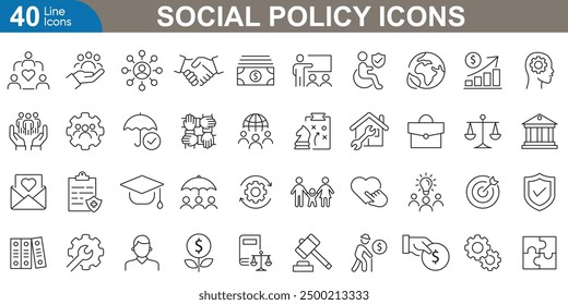 Social policy line icons set. welfare, public, health, education, economic, housing, labor, justice, community and more. vector illustration.