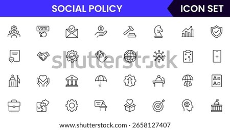 Social policy vector line icons featuring equality, justice, welfare, community support, legislation, rights, advocacy, diversity, and public services concepts.