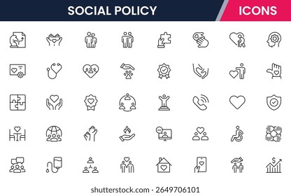 Colección de iconos de líneas de Web de Vector de política social, ilustraciones elegantes de igualdad, justicia, comunidad y conciencia para diseños impactantes.