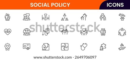 Social Policy vector web line icon collection, sleek illustrations of equality, justice, community, and awareness symbols for impactful designs.