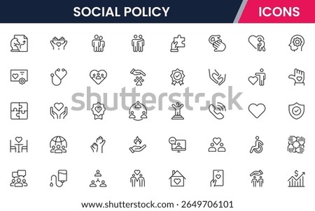 Social Policy vector web line icon collection, sleek illustrations of equality, justice, community, and awareness symbols for impactful designs.