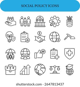 Ícone da Web de política social Definido no Estilo de Linha. 