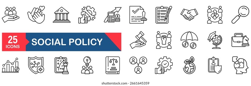 Ícone da Web de política social Definido no Estilo de Linha. Coleção de serviços sociais ícones lineares, incluindo, saúde, família, educação, proteção, lei, seguro, saúde, reforma e muito mais. 