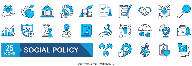Conjunto de iconos de Web de política social . Colección de servicios sociales Iconos lineales, incluyendo, salud, familia, educación, protección, ley, seguros, salud, reforma y más.