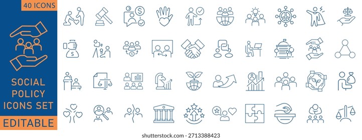 Social policy Web Icon Set in Line Style. Collection of Social services Linear Icons, Including, healthcare, family, education, protection, law, insurance, healthcare, reform. Vector illustration.