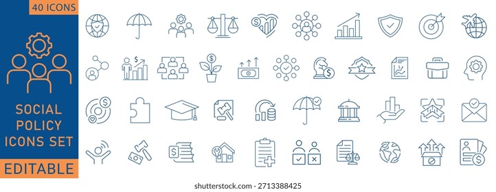 Social policy Web Icon Set in Line Style. Collection of Social services Linear Icons, Including, healthcare, family, education, protection, law, insurance, healthcare, reform. Vector illustration.