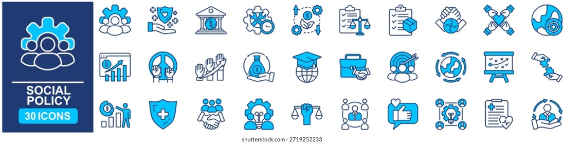 Icono del Web de la política social fijado en el piso azul del estilo. concepto de la Ilustración vectorial se relaciona con el equipo, negocio, personas, trabajo, trabajo en equipo, persona, hora, línea, Vector, grupo