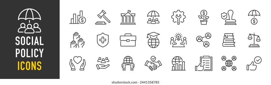 Iconos web de Política Social en estilo de línea. Educación, gobierno, bienestar, reformas, medicina, recolección. Ilustración vectorial.