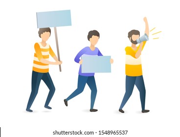 Social, political protest flat vector illustration. Angry mob, protesters crowd with placards and megaphone cartoon characters. Public demonstration, discontent manifestation, civil unrest concept.