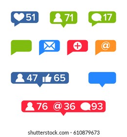 Social Pop Up Notifications Icons Template Vector. Chat Icon Bubble. Like Symbol, Message And Notification Template Set. Icons Illustration