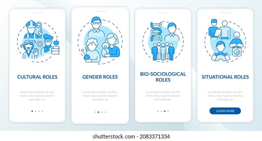 Social position blue onboarding mobile app page screen. Cultural role walkthrough 4 steps graphic instructions with concepts. UI, UX, GUI vector template with linear color illustrations