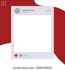 Ein Social-Post-Frame mit einem weißen quadratischen Fotobereich innerhalb einer grauen Kopfzeile, auf einem fett rot-weißen abstrakten Hintergrund gesetzt. Subtile Gefällt-mir- und Kommentarsymbole am unteren Rand