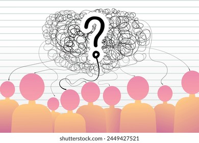 social poster, group of people searching for solution, asking a question and solving a problem thoughts, groupthink, team building