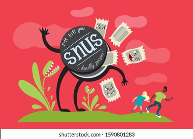 Social poster on the harmfulness of snus. People run away from the monster. Carnivorous plants. Vector illustration.