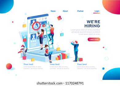 Social presentation for employment. Infographic for recruiting. Web recruit resources, choice, research or fill form for selection. Application for employee hiring. flat isometric vector illustration.