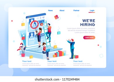 Social Presentation For Employment. Infographic For Recruiting. Web Recruit Resources, Choice, Research Or Fill Form For Selection. Application For Employee Hiring. Flat Isometric Vector Illustration.