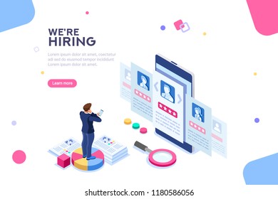 Social Presentation For Employment. Infographic For Recruiting. Web Recruit Resources, Choice, Research Or Fill Form For Selection. Application For Employee Hiring. Flat Isometric Vector Illustration.