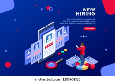 Social presentation for employment. Infographic for recruiting. Web recruit resources, choice, research or fill form for selection. Application for employee hiring. flat isometric vector illustration.