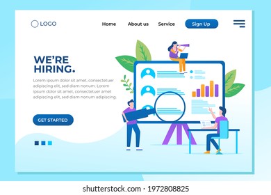 Social presentation for employment. Infographic for recruiting. Web recruit resources, choice, research or fill form for selection. Application for employee hiring. flat vector illustration