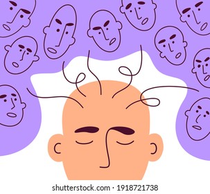 Social Pressure, Manipulation, Criticism, Bullying. Human Faces Give Advice. Psychological Influence, Emotional Stress. Mental Addiction Of People Opinion. Info Or News Overload. Vector Illustration