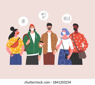 Social prevention measures for Covid-19. Vector illustration of cartoon multiethnic group of young people talking in medical masks. Isolated on background