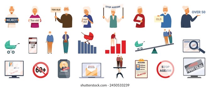 Social problem aging society icons set cartoon vector. Low birth. State natality