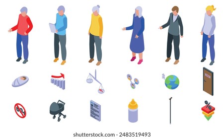 Social problem of aging society icons set. Elderly people standing and social issues icons are illustrating demographic crisis concept