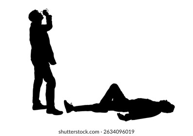 Soziale Problem betrunken Süchtige Menschen Alkohol trinken Getränk in Gläsern Vektor Silhouette einzeln. Crew-Party-Freunde feiern das Nachtleben. Risikoverhalten unbewusst betrunken Mann liegt nach unten gehen.