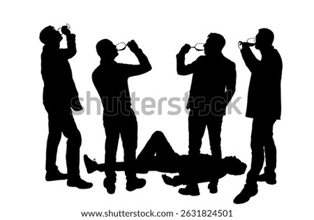 Social problem drunk addict people drink alcohol beverage in glasses vector silhouette isolated. Crew party friends celebrating night life. Risk behavior unconscious drunk man lies down pass out.